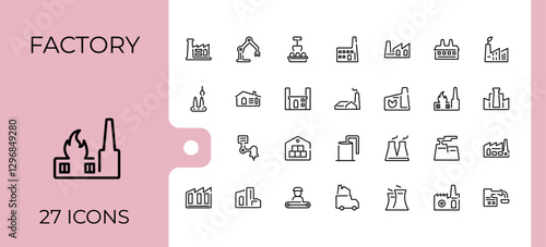 Factory icons set in linear style. Containing energy, equipment, warehouse, business, plan, mass, assembly and more. Icons for design. Editable stroke. Vector illustration.
