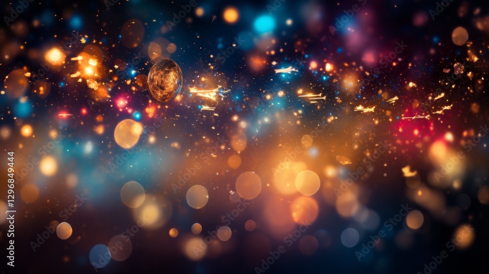 Fototapeta premium Magical cosmic explosion with glowing lights floating in a deep space fantasy universe full of energy