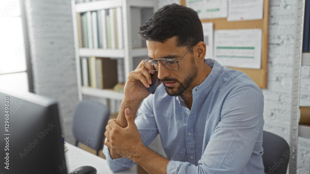 Fototapeta premium Handsome man with beard in office setting talking on phone indoors showcasing professional work environment.