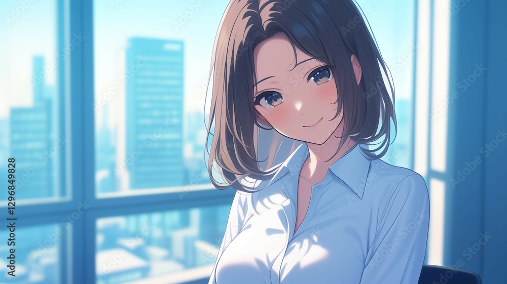 オフィスで仕事をするアニメ調の日本人美少女 オフィスで仕事をするアニメ調の日本人美少女