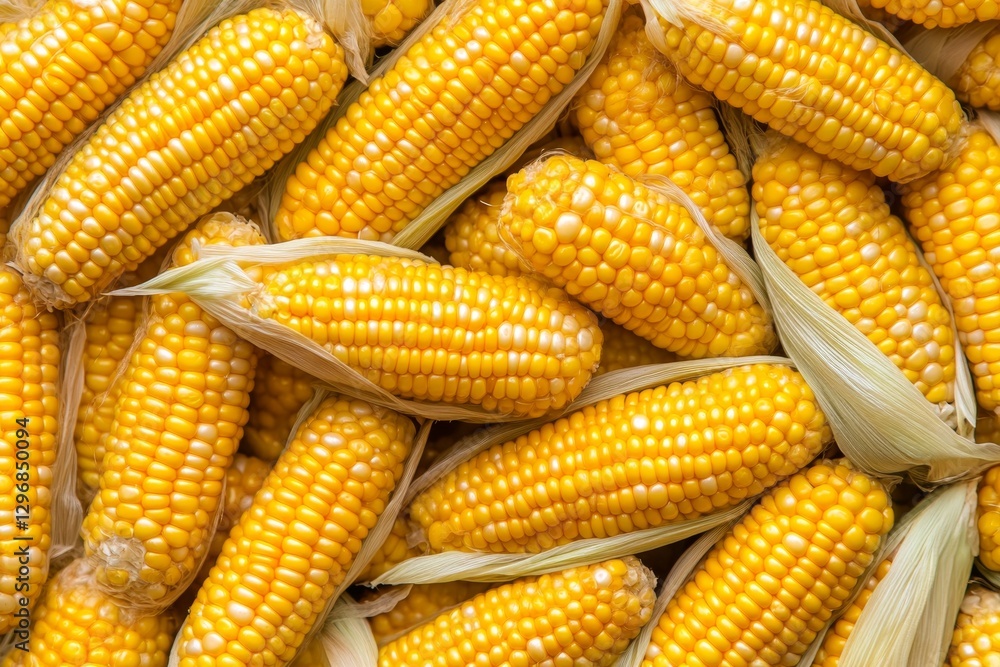 A pile of freshly picked corn with golden kernels still wrapped in their husks A pile of freshly picked corn with golden kernels still wrapped in their husks