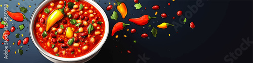 Vibrant Vector Image of Spicy Bean Soup with Colorful Chili Peppers and Fresh Herbs on Dark Background | Digital Art of Hearty Vegetarian Cuisine