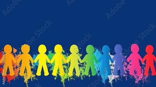 Rainbow paper people linked hand in hand