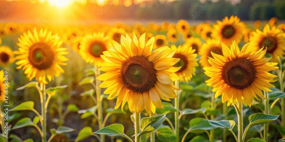Golden petals unfurl like miniature rays of sunshine as a sea of tall sunflowers stand upright in the lush green grass, swaying gently in the breeze , field, sunflowers Golden petals unfurl like miniature rays of sunshine as a sea of tall sunflowers stand upright in the lush green grass, swaying gently in the breeze , field, sunflowers