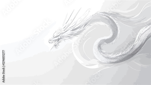 The image is a digital illustration of a dragon rendered in shades of white on a white background. The dragon is depicted in an abstract, flowing style, with its body forming soft curves and