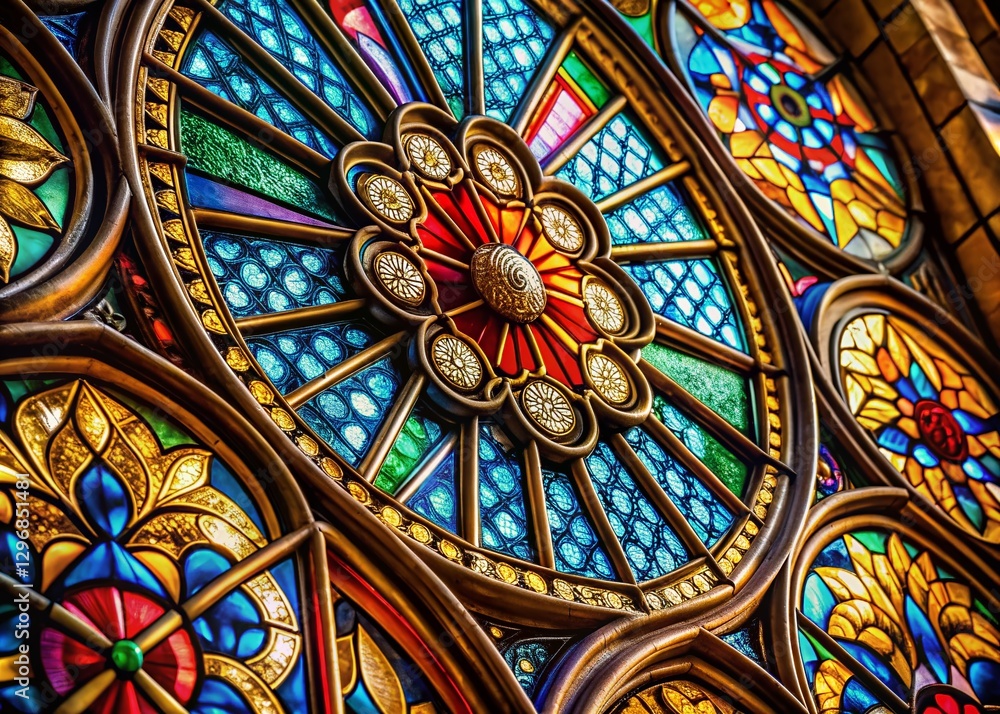 Fototapeta premium Stunning stained glass window detail, Leon Cathedral, intricate craftsmanship, vibrant colors, architectural heritage.
