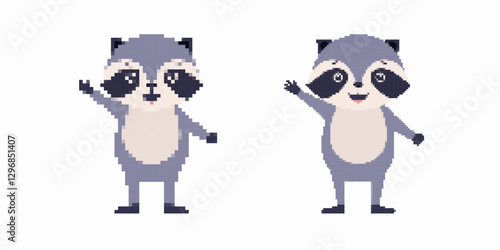 Two adorable raccoons in pixel style are waving cheerfully with smiling faces and pointed ears, showcasing their friendly nature.