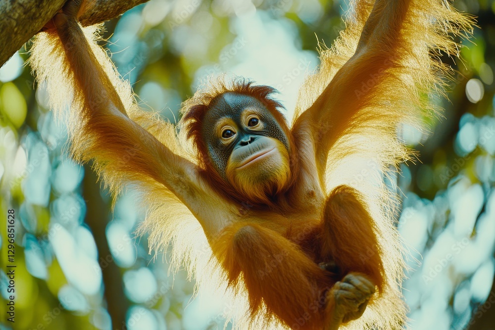 Obraz premium Playful Orangutan Hanging from Branch in Lush Green Forest Habitat