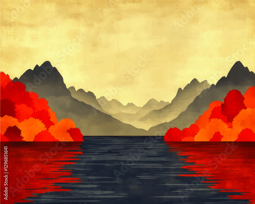 Stunning Autumn Lake Vector Art with Vibrant Red and Orange Foliage, Tranquil Water Reflection, and Majestic Mountain Range Under Cloudy Sky - Serene Landscape Illustration