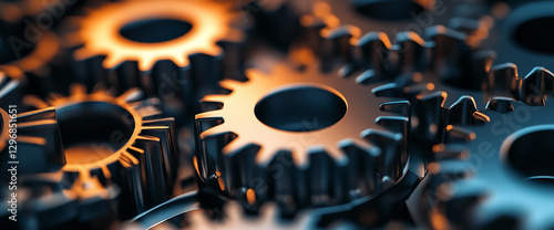 Close-up view of metallic gears interlocking in a complex mechanical system, showcasing the precision and engineering behind industrial technology and machinery. photo