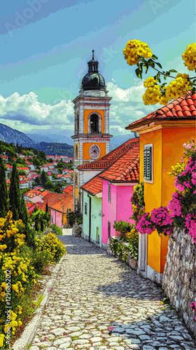 Charming Mediterranean Village Street Scene with Colorful Houses and Bell Tower Surrounded by Lush Flowers and Mountains in Vibrant Springtime Vector Illustration