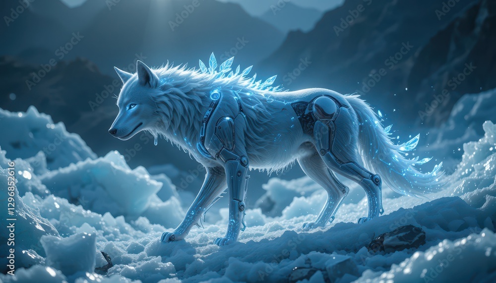 Fototapeta premium Majestic Cybernetic Wolf Roams Frozen Landscape Digital Art Futuristic Animal Fantasy Winter Scene
