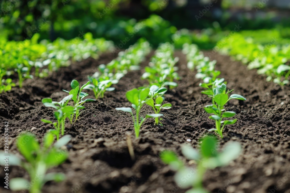 Young seedlings emerge in neat rows from rich soil, promising a bountiful harvest in a garden bathed in sunlight. Young seedlings emerge in neat rows from rich soil, promising a bountiful harvest in a garden bathed in sunlight.