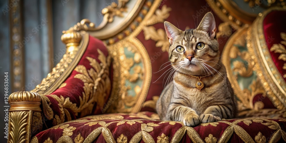 Fototapeta premium Elegant feline royalty sits on plush velvet cushion adorned with intricate golden embroidery, velvet, elegant, velvet,elegant
