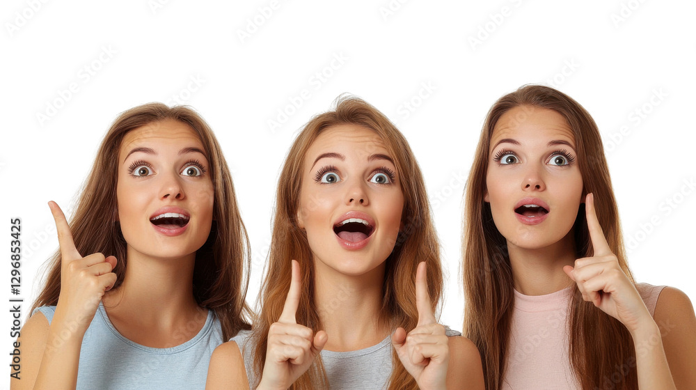 Close up portrait of three energetic young women with excited facial expressions and enthusiastic hand gestures in a studio setting conveying a sense of joy achievement and positivity Close up portrait of three energetic young women with excited facial expressions and enthusiastic hand gestures in a studio setting conveying a sense of joy achievement and positivity