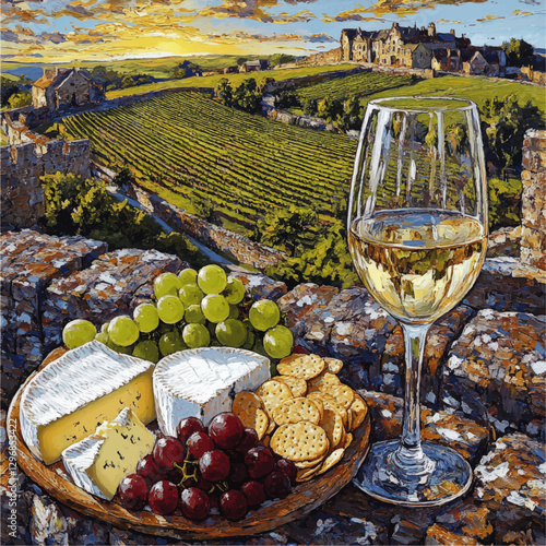 Scenic Vineyard Landscape with Wine Glass, Grapes, Cheese, and Crackers on Stone Wall Overlooking Verdant Fields under Golden Sunset – Perfect Wine Tasting Retreat