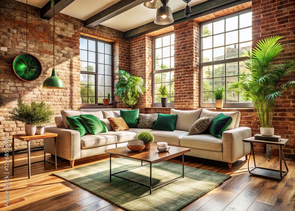 Stylish Living Room: Rustic Brick Walls, Cream Couch, Green Cushions - Modern Vintage Interior Design Stylish Living Room: Rustic Brick Walls, Cream Couch, Green Cushions - Modern Vintage Interior Design
