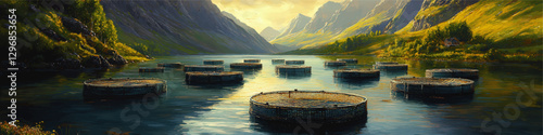 Scenic Vector Art of Serene Aquaculture Farm with Fish Cages in Tranquil Coastal Fjord Surrounded by Majestic Mountains and Verdant Forests at Sunrise