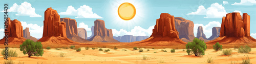 Stunning Vector Illustration of Monument Valley Desert Landscape with Red Rock Formations, Vibrant Blue Sky, Sun, and Sparse Green Foliage in High Detail