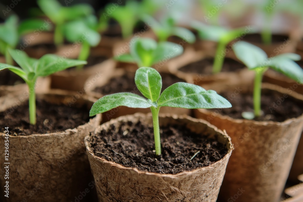 Seedlings in biodegradable pots symbolize new beginnings and growth, nurtured in dark soil, representing sustainable gardening practices Seedlings in biodegradable pots symbolize new beginnings and growth, nurtured in dark soil, representing sustainable gardening practices
