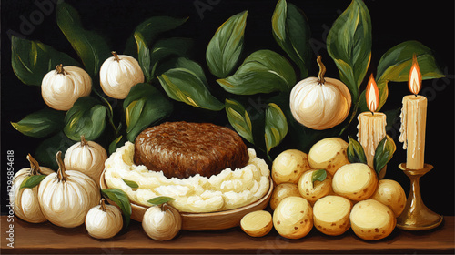 Elegant Still Life with Gourds, Meatloaf on Mashed Potatoes, Potatoes, Leaves, and Candlelight - Exquisite Autumn Harvest Scene in Illustrative Vector Art