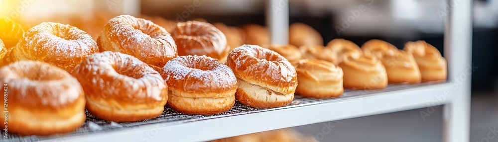 Freshly baked donuts lined up on a shelf, showcasing their golden-brown color and enticing glaze, perfect for any bakery setting. Freshly baked donuts lined up on a shelf, showcasing their golden-brown color and enticing glaze, perfect for any bakery setting.