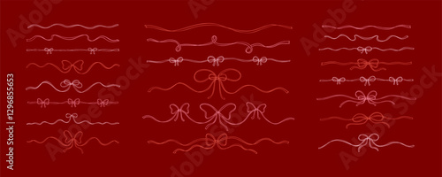 Set of luxury hand drawn bow ribbon text dividers, tape separators and underlines. Fancy sketchy vintage flourish design elements. Filigree wavy pink whimsical background