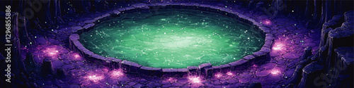 Enchanting Underground Fantasy Cavern with Luminous Pool and Magical Glowing Path - Purple and Green Mystical Cave Art - Vector Illustration