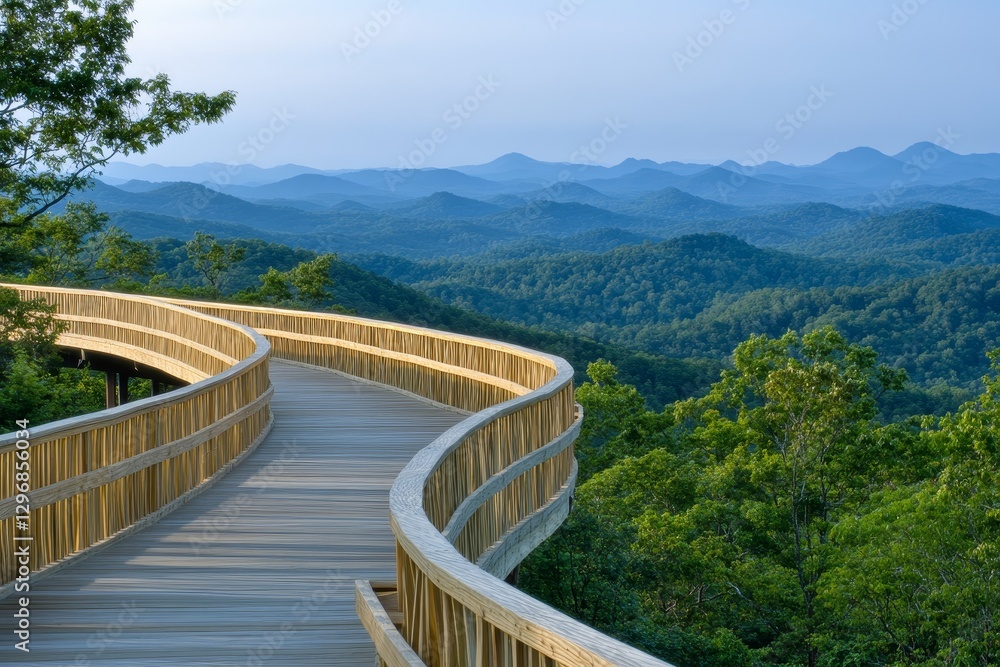 Scenic Boardwalk Pathway Through Lush Green Mountain Landscape Scenic Boardwalk Pathway Through Lush Green Mountain Landscape