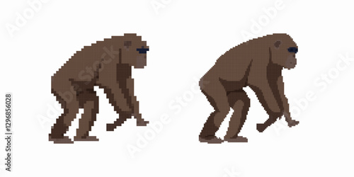 Pixel art illustrations show the transition of an ape evolving into a human figure.