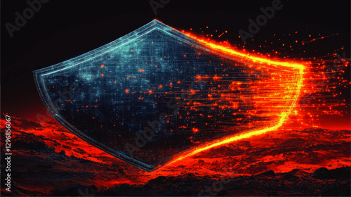 Futuristic Blue and Red Digital Shield with Fiery Effects Over Alien Terrain - Cybersecurity Concept Art Vector Illustration for Tech-Based Design Projects