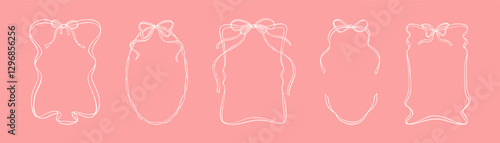 Set of coquettish whimsical wavy ribbon frames with cute bows. Hand drawn doodle rectangle and oval girly  vertical vintage borders. Valentines day, Christmas, birthday aesthetic design elements