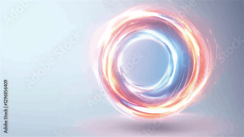 The image depicts a circular abstract design composed of swirling, glowing light trails. The trails are predominantly pastel shades of pink, orange, and blue, creating a soft, ethereal effect.  The