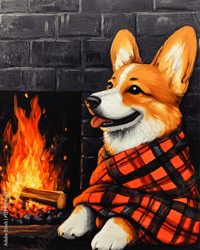 Cozy Corgi Wrapped in Plaid Blanket by Warm Fireplace - Cute Pet Relaxing by Fireside | Adorable Dog in Comforting Plaid Watching Burnt Brick Hearth Flames