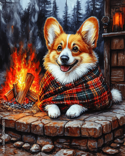 Cozy Corgi by the Campfire: Vector Illustration of a Pembroke Welsh Corgi Wrapped in a Plaid Blanket in a Forest Cabin Retreat with Flickering Flames