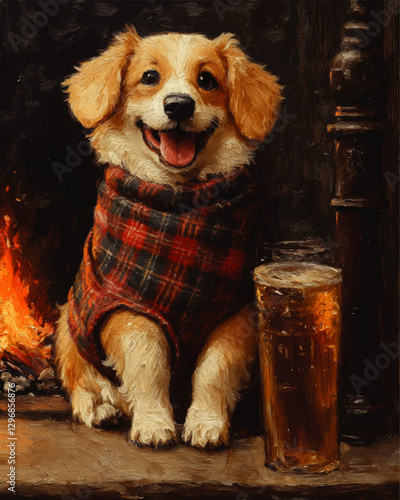 Cozy Corgi in Plaid Sweater by Fireplace with Pint of Beer - Perfect Winter Evening Scene with Cute Dog, Warm Fire, and Refreshing Drink Vector Art