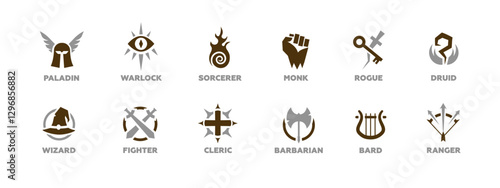 A set of twelve fantasy icons showing different role-playing classes like bard and barbarian.