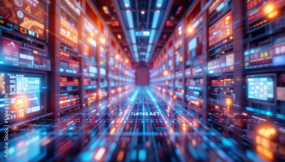 Obraz premium Futuristic Data Center Corridor with Illuminated Servers and Digital Data Streams Flowing Through a Network