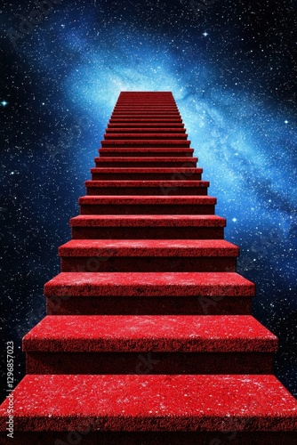 A striking image of red stairs leading into a starry, cosmic backdrop, evoking a sense of mystery and adventure.