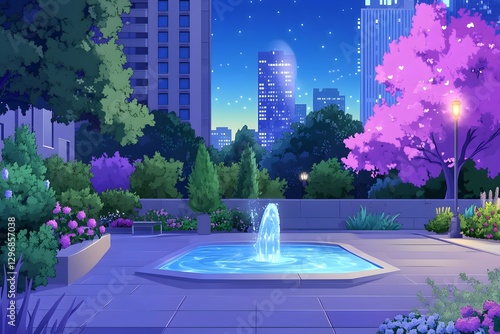 A vector illustration of the city, surrounded by gardens and fountains photo