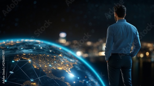 Exploring the future of connectivity a man gazes at the globe in a high-tech environment urban setting nighttime view concept of global networking