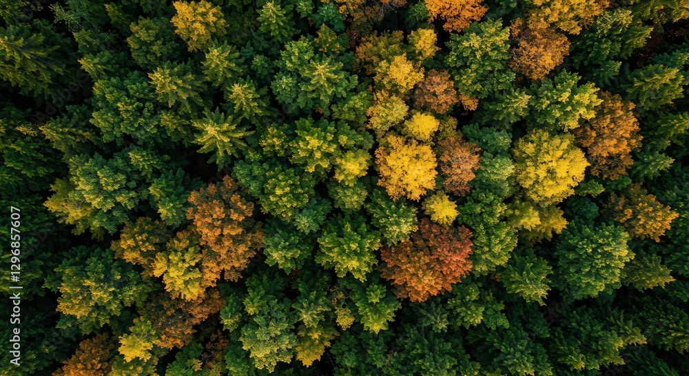 Naklejka premium Aerial View of Colorful Autumn Forest Canopy with Vibrant Foliage