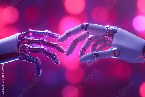 Artificial intelligence and a human hand touching each other, a digital technology concept with a robot arm on a blur background photo