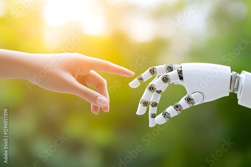 Artificial intelligence and a human hand touching each other, a digital technology concept with a robot arm on a blur background photo