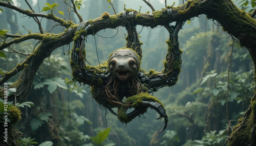 Obraz premium Happy Robotic Sloth Hanging in Lush Rainforest Tree Mossy Branches Digital Art