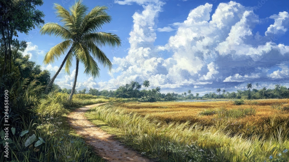 Tropical Path Through Golden Rice Fields Tropical Path Through Golden Rice Fields