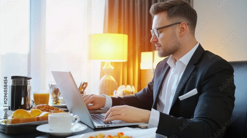 Young caucasian male professional working on laptop during business breakfast Young caucasian male professional working on laptop during business breakfast