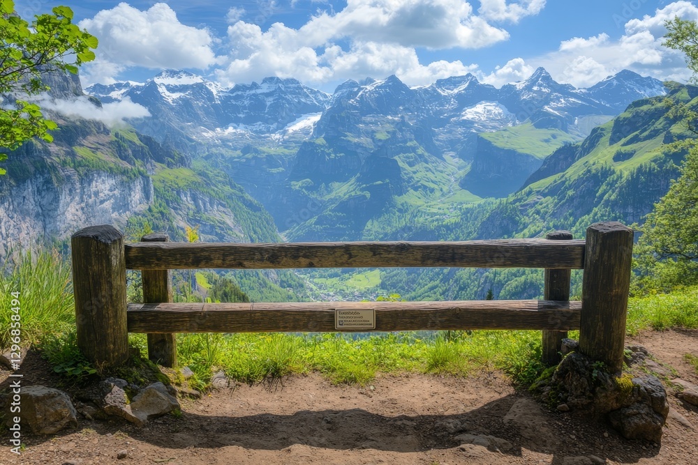 Fototapeta premium Scenic Viewpoint with Wooden Bench Overlooking Majestic Mountains