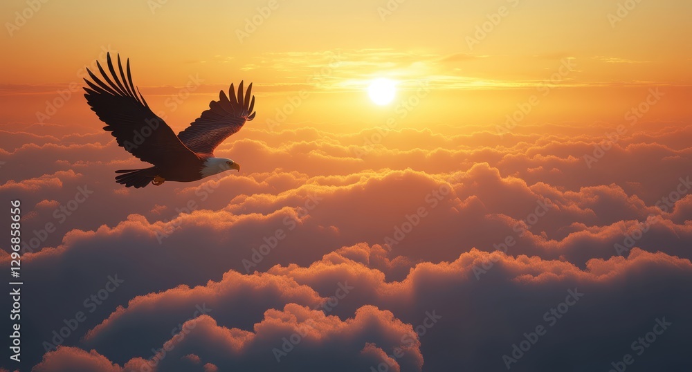 Obraz premium Majestic Eagle Soaring Above Golden Clouds at Sunrise with Vibrant Sunlight Casting Warm Hues Across the Sky and Soft Cotton-like Cloud Blanket Below