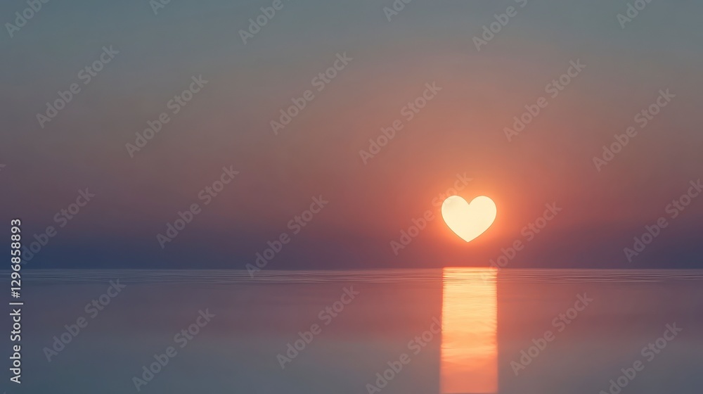 Naklejka premium A surreal sunset with the sun appearing as a glowing heart, casting a warm reflection on the calm ocean, creating a romantic and dreamy scene.